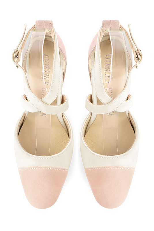 Powder pink and off white women's open side shoes, with crossed straps. Round toe. High slim heel. Top view - Florence KOOIJMAN